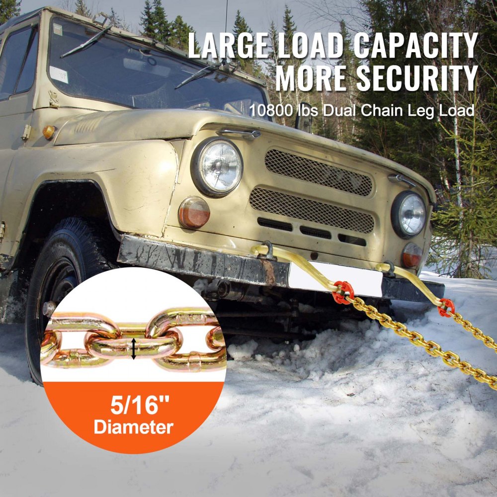 VEVOR G80 V Bridle Chain, 5/16" x 2' Towing Chain Bridle with 15" J Hooks and Grab Hooks, Heavy Duty Transport Tow Chain Bridle with 10800 lbs Safe Working Load for Flatbed Truck Wrecker Recovery