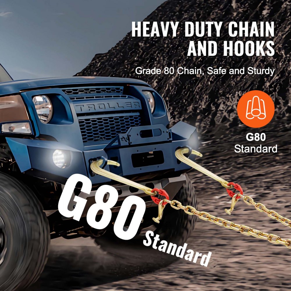 VEVOR G80 V Bridle Chain, 3/8" x 2' Towing Chain Bridle with 15" J Hooks, T Hooks & Grab Hooks, Heavy Duty Transport Tow Chain Bridle with 7800 lbs Safe Working Load for Flatbed Truck Wrecker Recovery