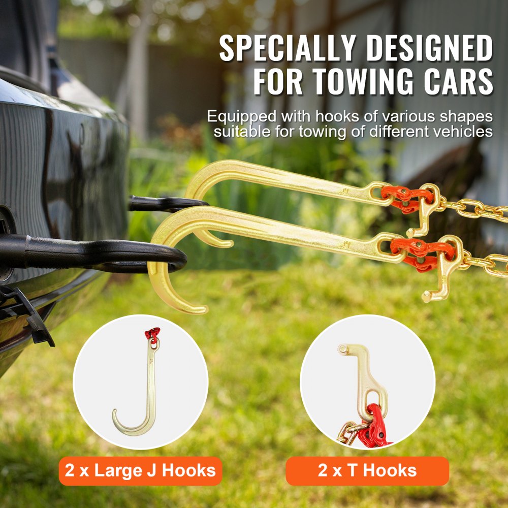 VEVOR G80 V Bridle Chain, 3/8" x 2' Towing Chain Bridle with 15" J Hooks, T Hooks & Grab Hooks, Heavy Duty Transport Tow Chain Bridle with 7800 lbs Safe Working Load for Flatbed Truck Wrecker Recovery