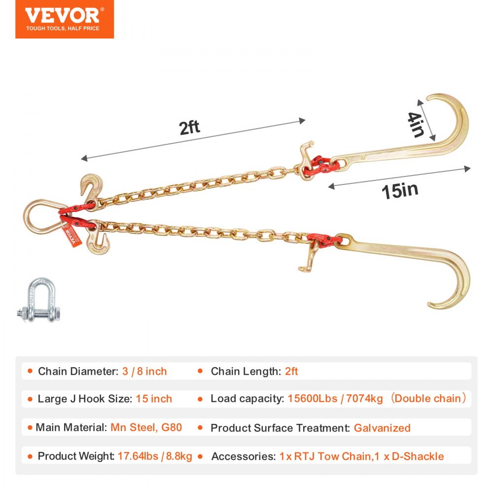 VEVOR G80 V Bridle Chain, 3/8" x 2' Towing Chain Bridle with 15" J Hooks, T Hooks & Grab Hooks, Heavy Duty Transport Tow Chain Bridle with 7800 lbs Safe Working Load for Flatbed Truck Wrecker Recovery