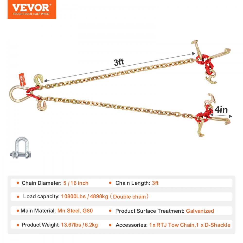 VEVOR G80 V Bridle Chain, 5/16" x 3' Towing Chain Bridle with R Hooks, T Hooks, J Hooks and Grab Hooks, Transport Tow Chain Bridle with 10800 lbs Safe Working Load for Flatbed Truck Wrecker Recovery