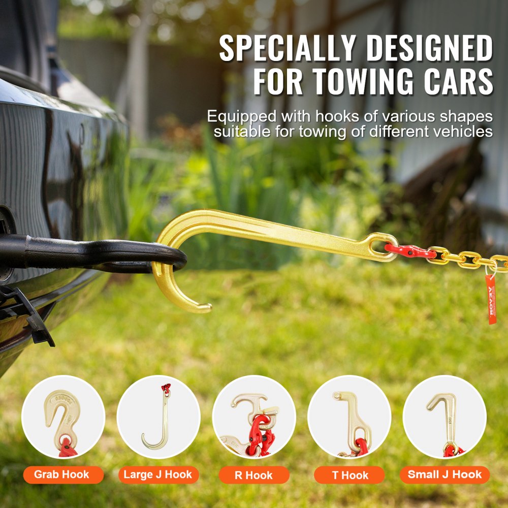 VEVOR J Hook Chain, 5/16" x 6' G80 15" Long Shank J Hook Tow Chain with RTJ Cluster Hook & Grab Hook, 5400 lbs Safe Working Load, Heavy Duty Transport Truck Chain for Wrecker Recovery Trailer Towing