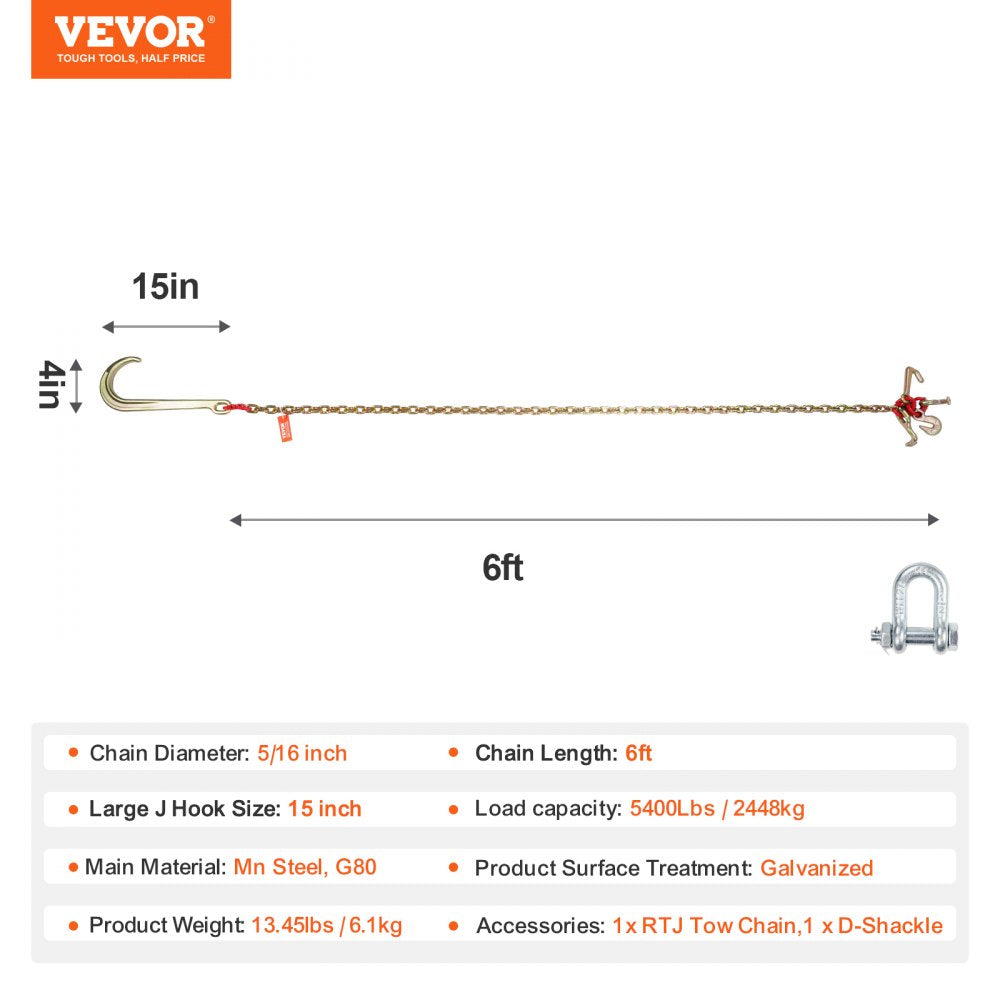 VEVOR J Hook Chain, 5/16" x 6' G80 15" Long Shank J Hook Tow Chain with RTJ Cluster Hook & Grab Hook, 5400 lbs Safe Working Load, Heavy Duty Transport Truck Chain for Wrecker Recovery Trailer Towing