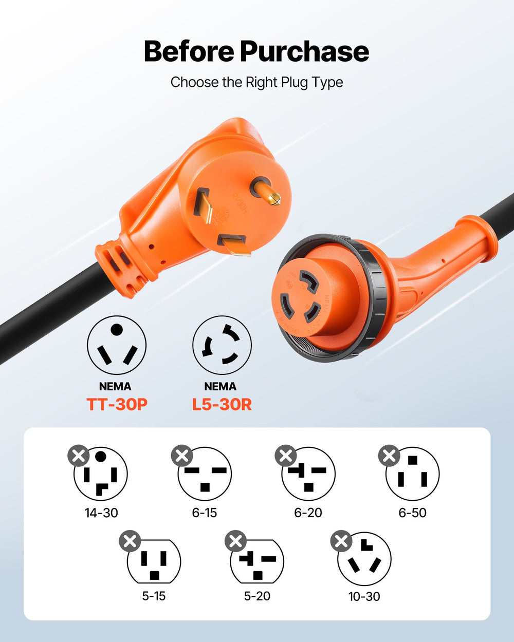 VEVOR 30 Amp 25 Feet RV Power Cord, 125V 3750W, Heavy Duty 10/3 Gauge STW Generator Cord, NEMA TT-30P to NEMA L5-30R, with Twist Lock, Indicator Light, Grip Handle, 15A Adapter, for RV Trailer, Black