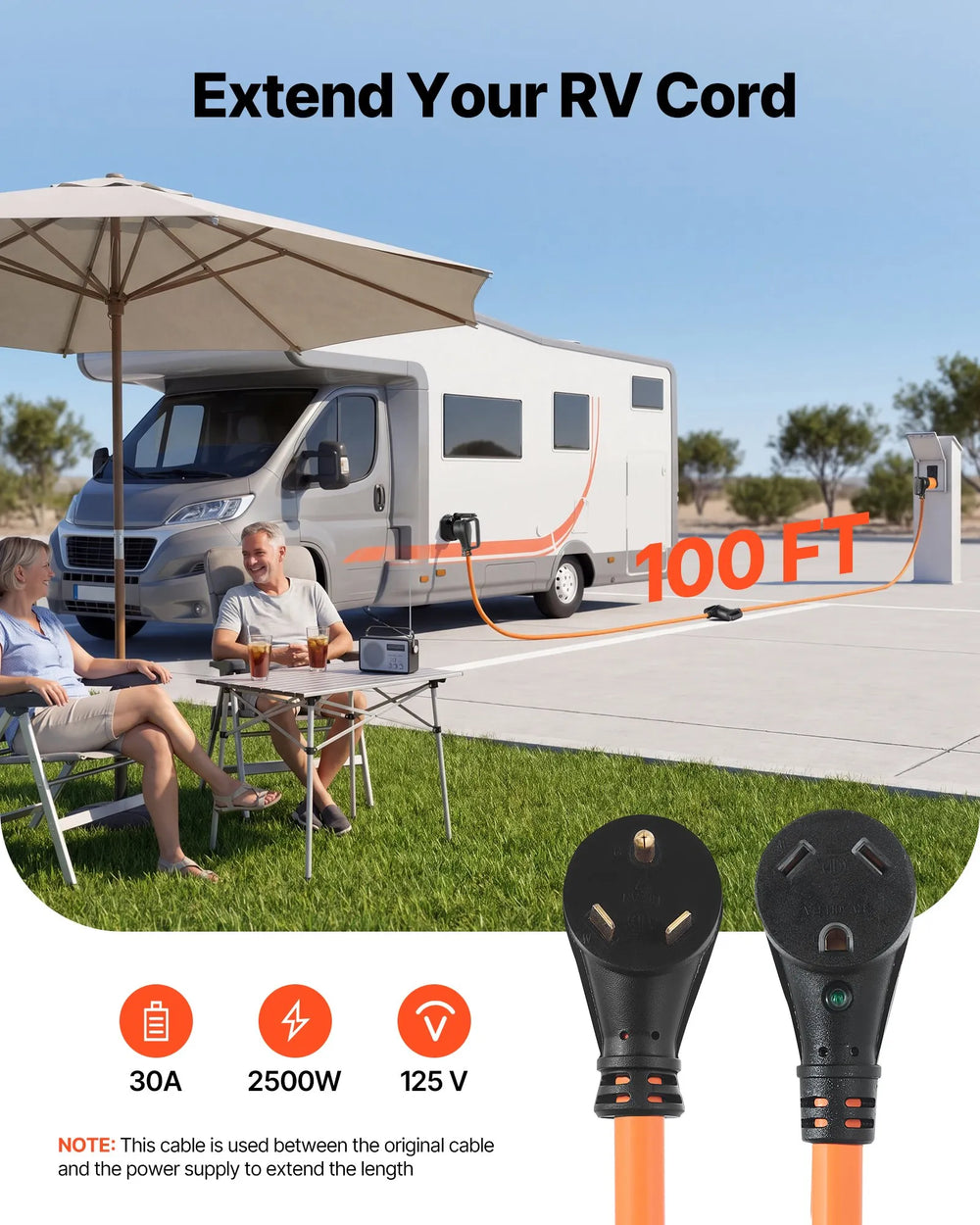 VEVOR 30 Amp 100 Feet RV Extension Cord, 125V 2500W, Heavy Duty 10/3 Gauge STW RV Power Cord, NEMA TT-30P to NEMA TT-30R, with Power Indicator, Cord Organizer, 15A Adapter, for Camper Travel Trailer