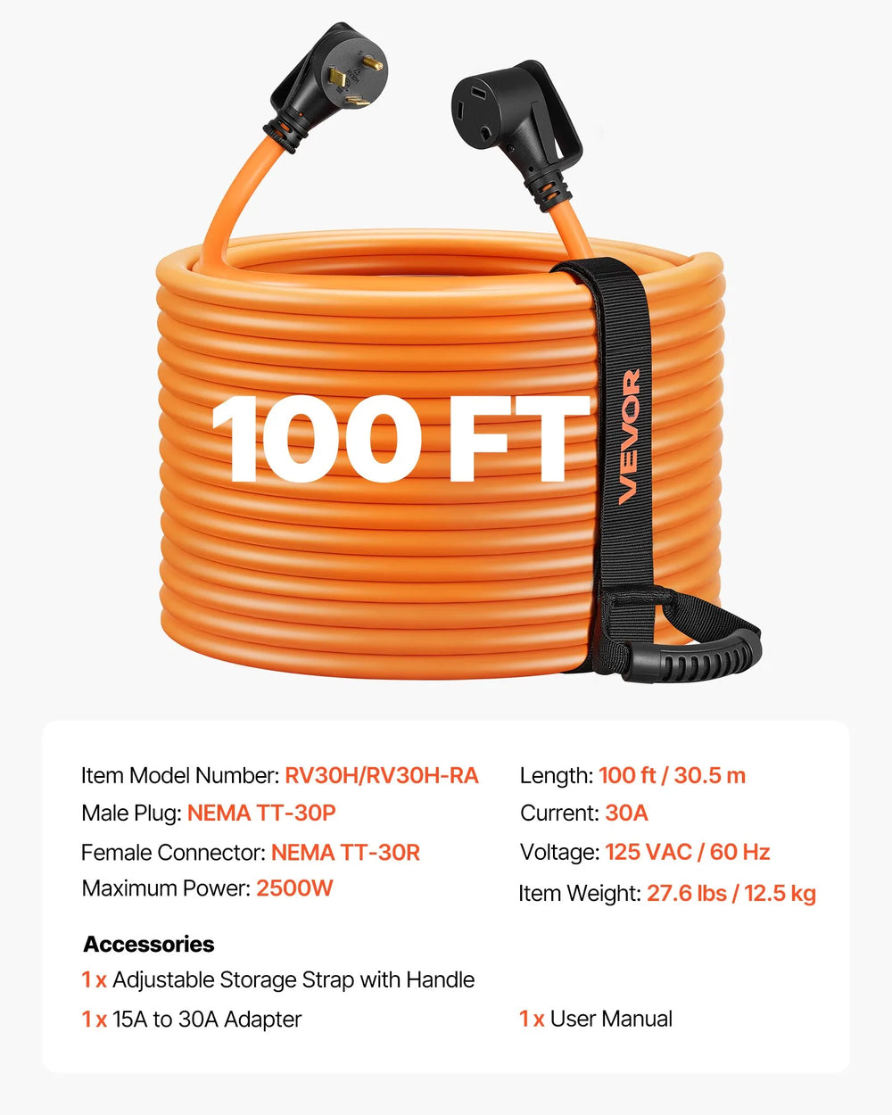 VEVOR 30 Amp 100 Feet RV Extension Cord, 125V 2500W, Heavy Duty 10/3 Gauge STW RV Power Cord, NEMA TT-30P to NEMA TT-30R, with Power Indicator, Cord Organizer, 15A Adapter, for Camper Travel Trailer