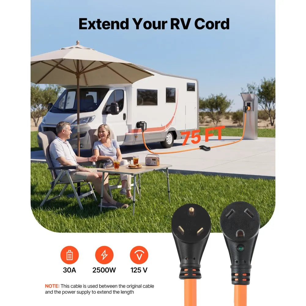 VEVOR 30 Amp 75 Feet RV Extension Cord, 125V 2500W, Heavy Duty 10/3 Gauge STW RV Power Cord, NEMA TT-30P to NEMA TT-30R, with Power Indicator, Cord Organizer, 15A Adapter, for Camper Travel Trailer