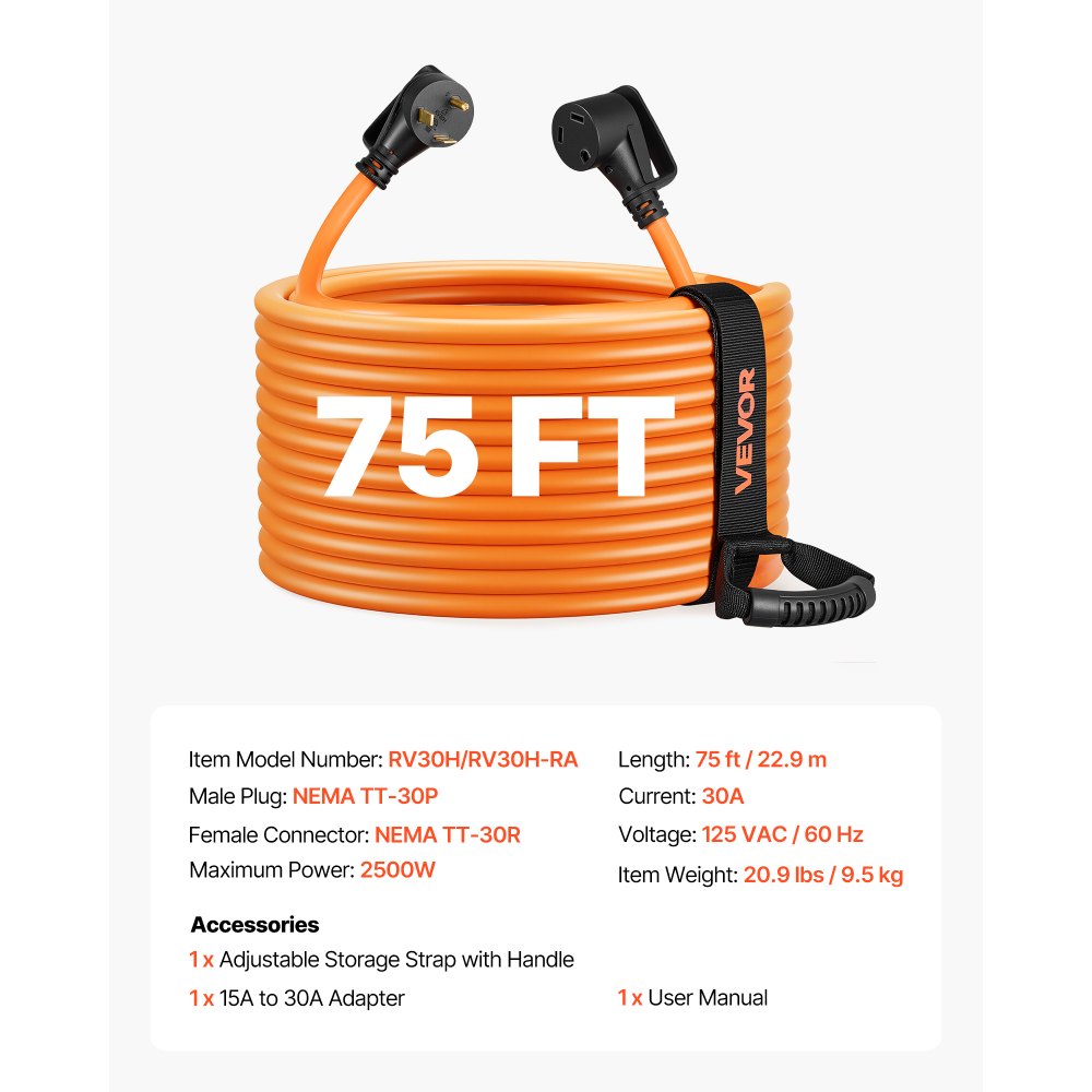 VEVOR 30 Amp 75 Feet RV Extension Cord, 125V 2500W, Heavy Duty 10/3 Gauge STW RV Power Cord, NEMA TT-30P to NEMA TT-30R, with Power Indicator, Cord Organizer, 15A Adapter, for Camper Travel Trailer