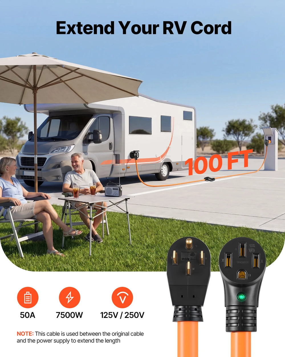 VEVOR 50 Amp 100 Feet RV Extension Cord, 125V/250V, Heavy Duty 6/3 + 8/1 Gauge STW RV Power Cord, NEMA 14-50P to NEMA 14-50R, with Power Indicator, Cord Organizer, 15A Adapter, for Camper Trailer