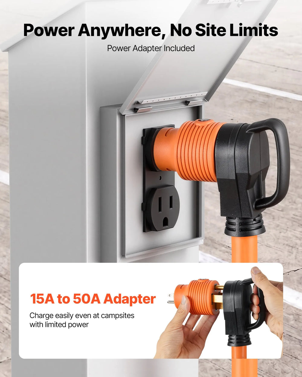 VEVOR 50 Amp 100 Feet RV Extension Cord, 125V/250V, Heavy Duty 6/3 + 8/1 Gauge STW RV Power Cord, NEMA 14-50P to NEMA 14-50R, with Power Indicator, Cord Organizer, 15A Adapter, for Camper Trailer