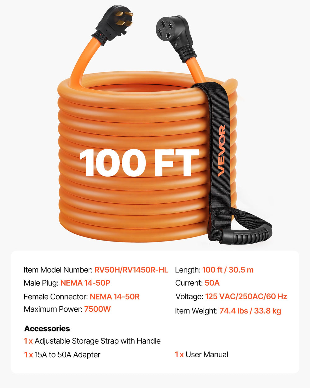 VEVOR 50 Amp 100 Feet RV Extension Cord, 125V/250V, Heavy Duty 6/3 + 8/1 Gauge STW RV Power Cord, NEMA 14-50P to NEMA 14-50R, with Power Indicator, Cord Organizer, 15A Adapter, for Camper Trailer
