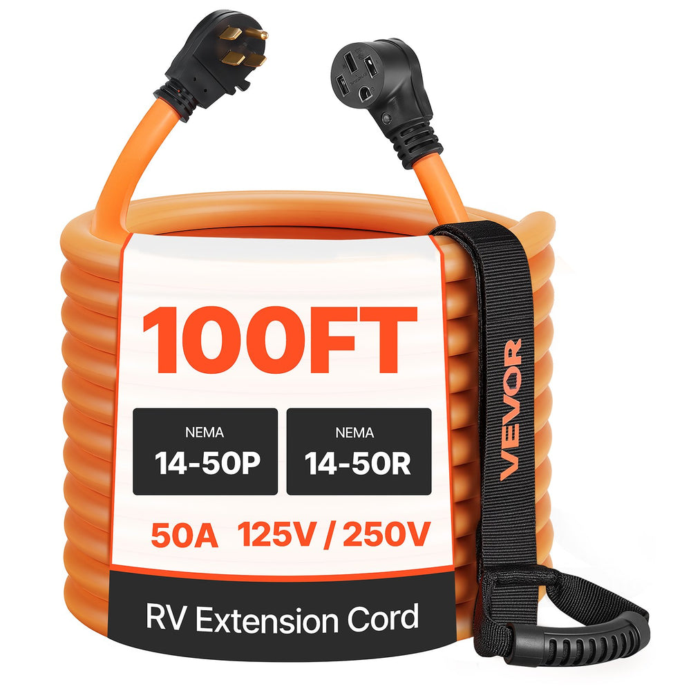 VEVOR 50 Amp 100 Feet RV Extension Cord, 125V/250V, Heavy Duty 6/3 + 8/1 Gauge STW RV Power Cord, NEMA 14-50P to NEMA 14-50R, with Power Indicator, Cord Organizer, 15A Adapter, for Camper Trailer