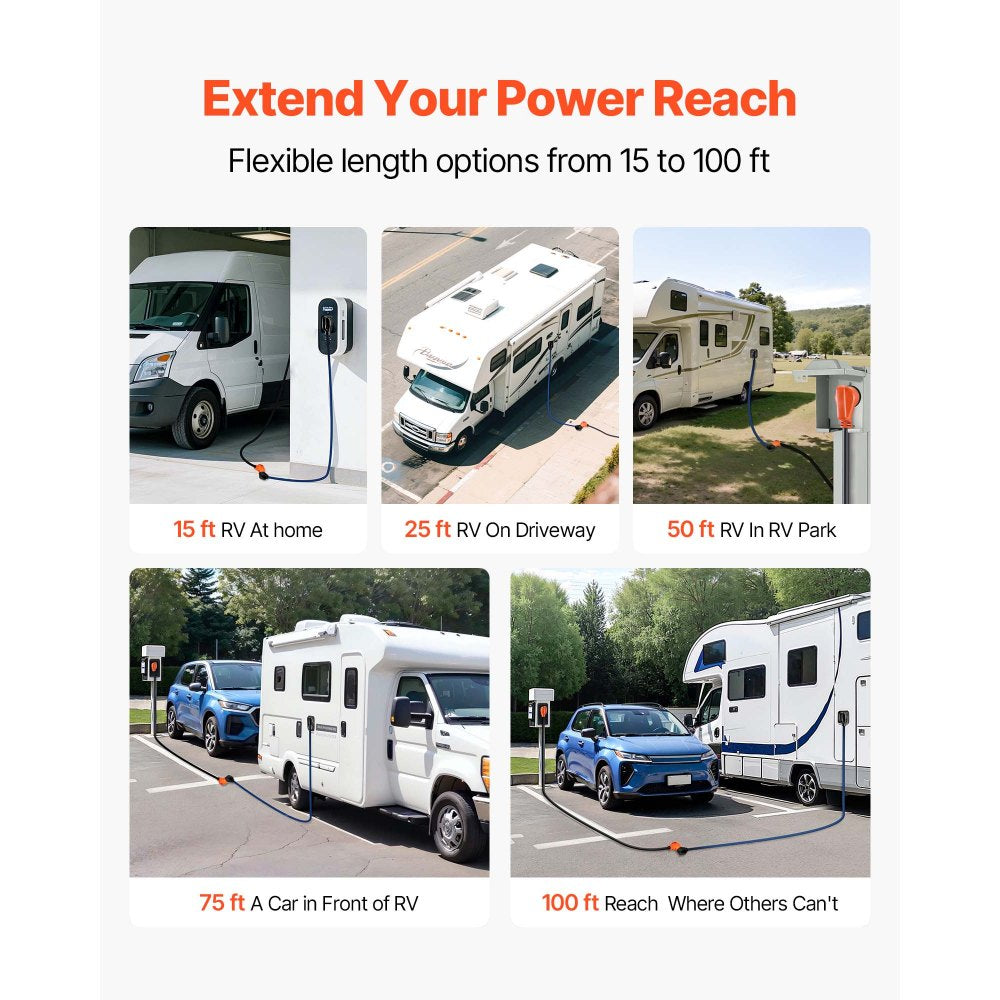VEVOR RV extension cord length options graphic (15 to 100 ft)