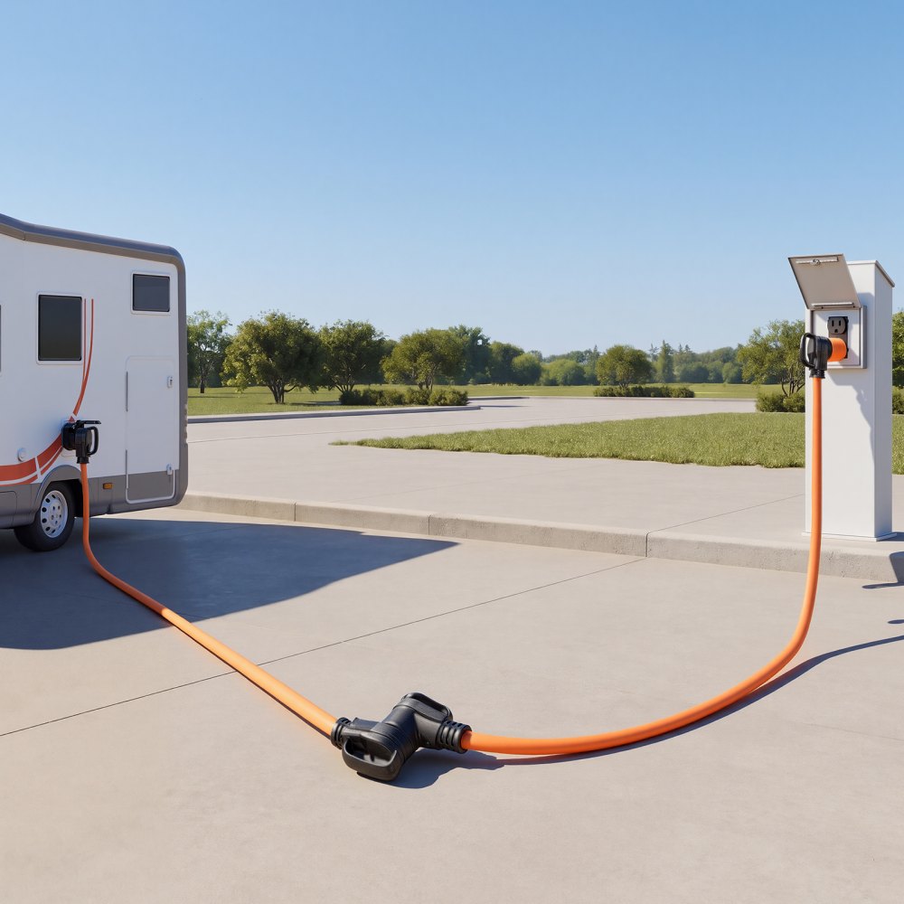 VEVOR 50 Amp 75 Feet RV Extension Cord, 125V/250V 7500W, Heavy Duty 6/3 + 8/1 Gauge STW RV Power Cord, NEMA 14-50P to NEMA 14-50R, with Power Indicator, Cord Organizer, 15A Adapter, for Camper Trailer