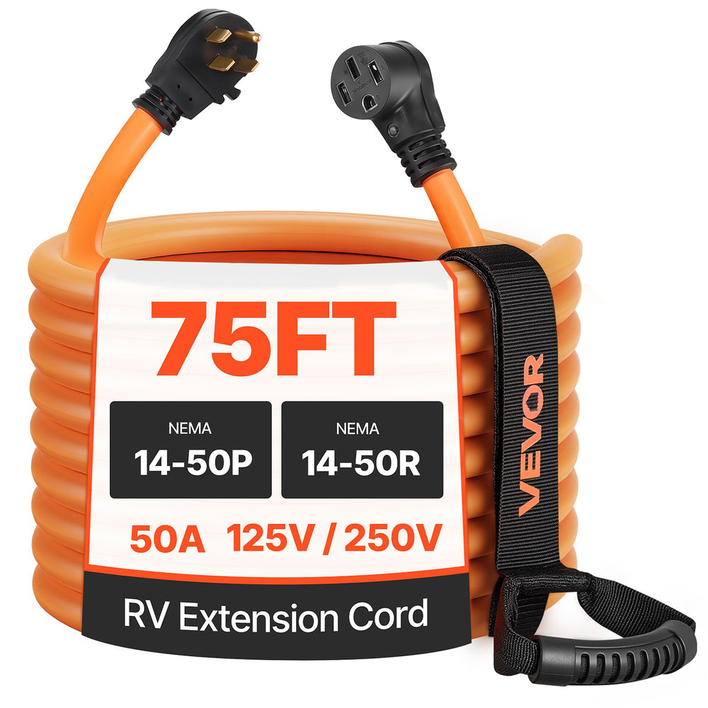 VEVOR 50 Amp 75 Feet RV Extension Cord, 125V/250V 7500W, Heavy Duty 6/3 + 8/1 Gauge STW RV Power Cord, NEMA 14-50P to NEMA 14-50R, with Power Indicator, Cord Organizer, 15A Adapter, for Camper Trailer