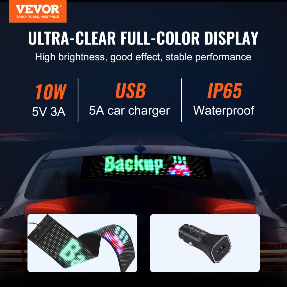 VEVOR Programmable LED Sign, P6 Full Color LED Scrolling Panel, DIY Custom Text Animation Pattern Display Board, Bluetooth APP Control Message Shop Sign for Store Business Car Advertising, 27"x5"