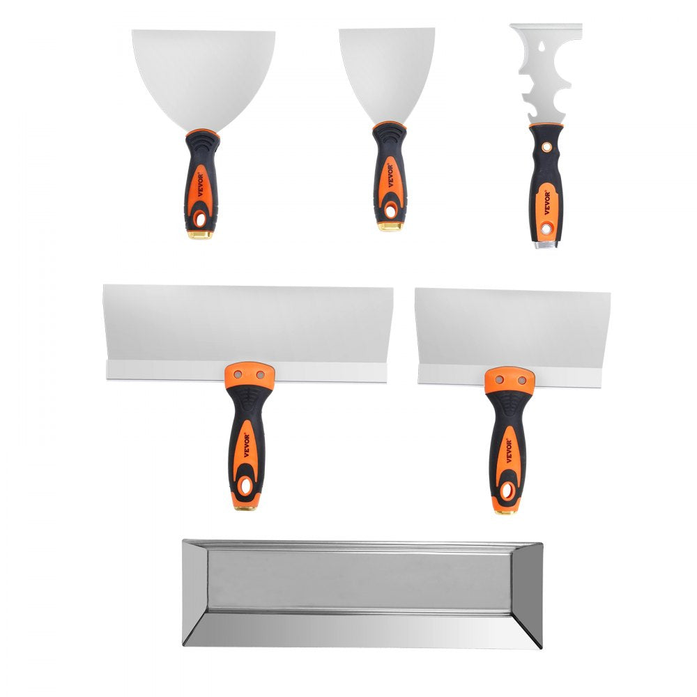VEVOR Drywall Knife Set, 6 PCS Drywall Tools Includes 3" Painter Scraper, Two Putty Knives,  Two Taping Knives and 12" Mud Pan, Stainless Steel Spackle Tool, Drywall Finishing Tools for Home