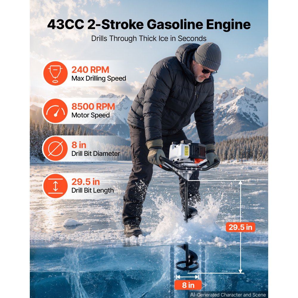 VEVOR Gas Powered Ice Auger 43 CC 2-Stroke 8" 2 in 1 Cordless Earth Auger, for Ice Fishing & Gardening, Cold-Resistant Post Hole Digger, Heavy Duty Burrowing Drilling with Drill Bits & Blade Guard
