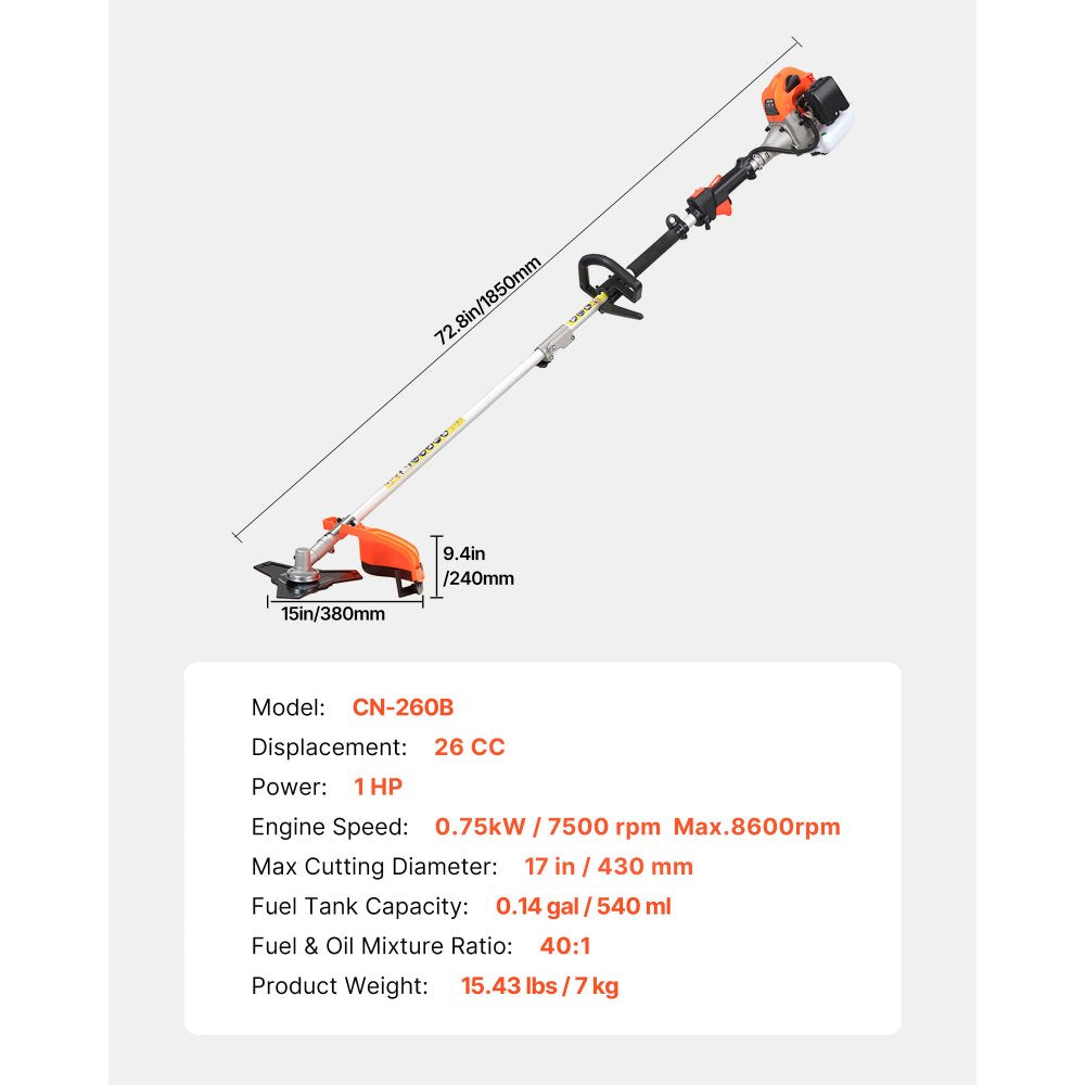 VEVOR String Trimmer, 26cc 2 in 1 Weed Wacker Gas Powered, 17" Cordless Grass Trimmer with 10" Brush Cutter, Shoulder Strap & 3T Blade, 2-Stroke Heavy-Duty Gas Weed Wacker for Quick Grass Cleaning