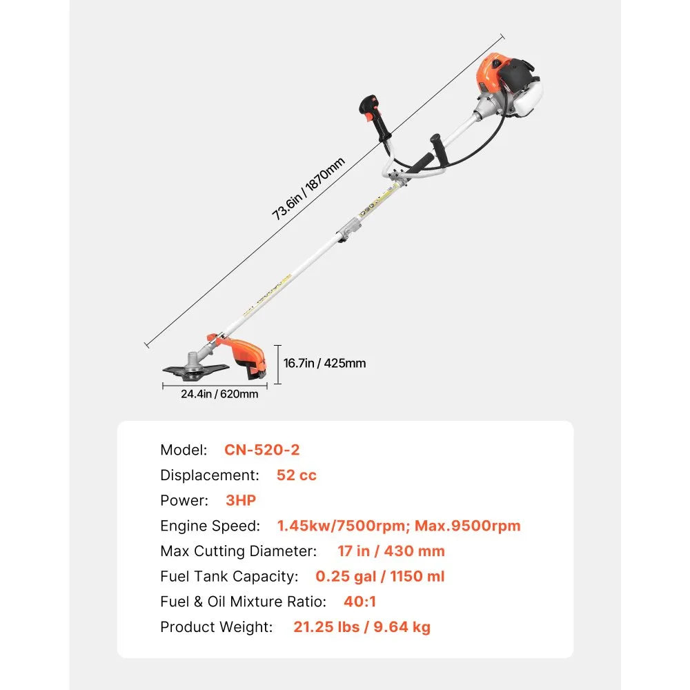 VEVOR Cordless String Trimmer, 52 cc 2-Stroke, Gas Powered Weed Wacker, 17" Cordless Grass Trimmer, Multi-Functional Lawn Edger with Shoulder Strap & 3T Blade, Weed Eater for Quick Grass Cleaning