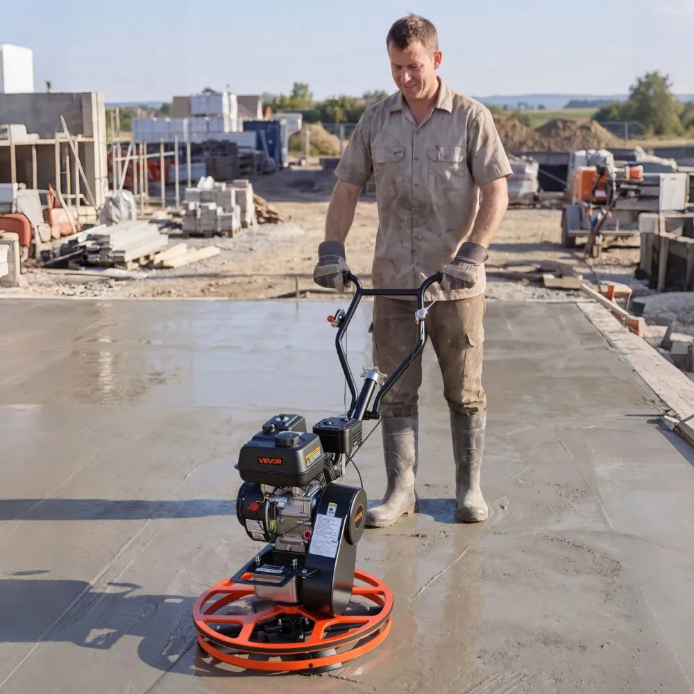VEVOR Power Trowel, 24 inch Concrete Finishing Machine with Float Pan, 5.5HP Engine, 4 Blades, Adjustable Pitch, Gas-Powered Walk-Behind Cement Surface Finisher for Smooth Floors, Construction Use
