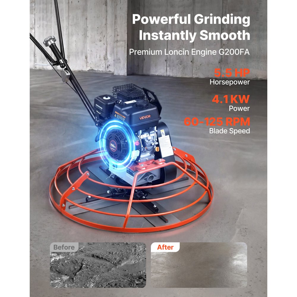 VEVOR Power Trowel, 34.8 inch Trowel Diameter Concrete Finishing Machine, 5.5HP Engine, 4 Blades, Adjustable Pitch, Gas-Powered Walk-Behind Cement Surface Finisher for Smooth Floors, Construction