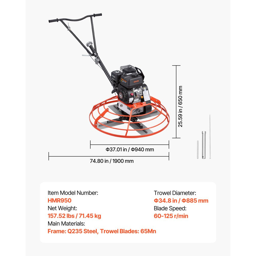 VEVOR Power Trowel, 34.8 inch Trowel Diameter Concrete Finishing Machine, 5.5HP Engine, 4 Blades, Adjustable Pitch, Gas-Powered Walk-Behind Cement Surface Finisher for Smooth Floors, Construction