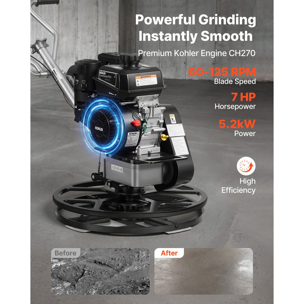 VEVOR Power Trowel, 24 inch Concrete Finishing Machine with Float Pan, 7HP Kohler Engine, 4 Blades, Adjustable Pitch, Gas-Powered Walk-Behind Cement Surface Finisher for Smooth Floors, Construction