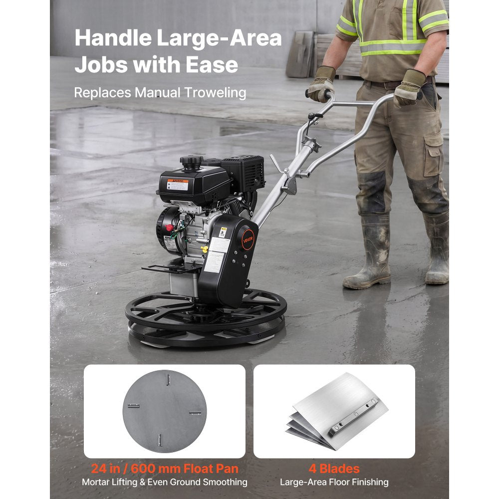 VEVOR Power Trowel, 24 inch Concrete Finishing Machine with Float Pan, 7HP Kohler Engine, 4 Blades, Adjustable Pitch, Gas-Powered Walk-Behind Cement Surface Finisher for Smooth Floors, Construction