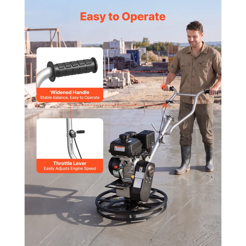 VEVOR Power Trowel, 24 inch Concrete Finishing Machine with Float Pan, 7HP Kohler Engine, 4 Blades, Adjustable Pitch, Gas-Powered Walk-Behind Cement Surface Finisher for Smooth Floors, Construction