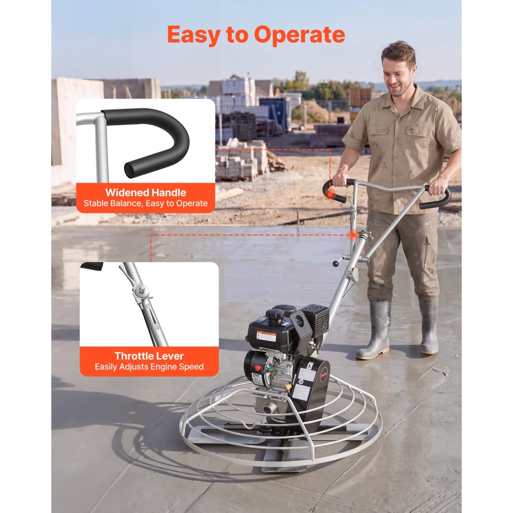 VEVOR Power Trowel, 38 inch Concrete Finishing Machine with Float Pan, 7HP Kohler Engine, 4 Blades, Adjustable Pitch, Gas-Powered Walk-Behind Cement Surface Finisher for Smooth Floors, Construction
