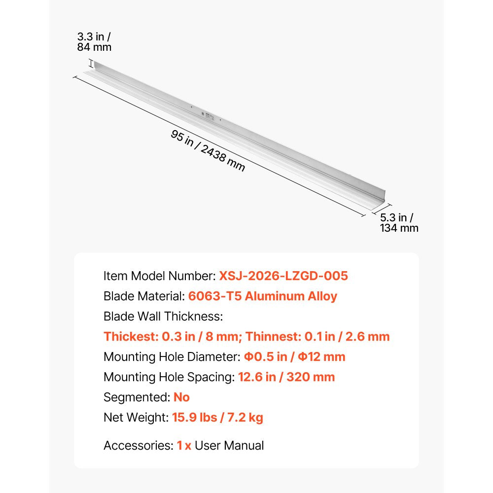 VEVOR Concrete Screed Blade 8 ft Length Aluminum Alloy Board Leveling Tool, 5.3 in Wide Straight Edge, Wide Coverage, Replacement Surface Leveler for Driveway, Patio, Sidewalk, Garage Floor Finishing