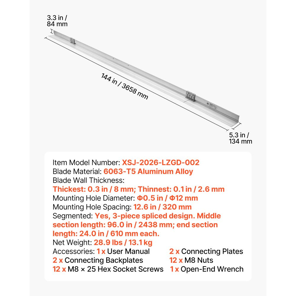VEVOR Concrete Screed Blade 12 ft Length Aluminum Alloy Board Leveling Tool, 5.3 in Wide Straight Edge, Wide Coverage, Replacement Surface Leveler for Driveway, Patio, Sidewalk, Garage Floor Finishing