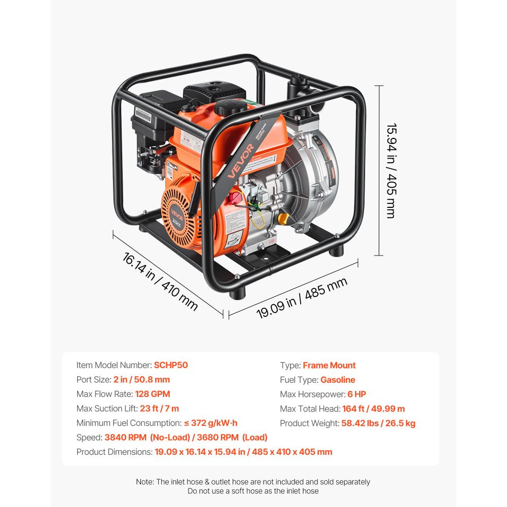 VEVOR Gas Powered Water Pump, 2 in, 128 GPM 6HP Semi Trash Water Transfer Pump Portable, Gasoline Engine with 25 ft Discharge Hose, Heavy Duty Frame, Cast Iron Impeller, for Irrigation, Ponds, Pools