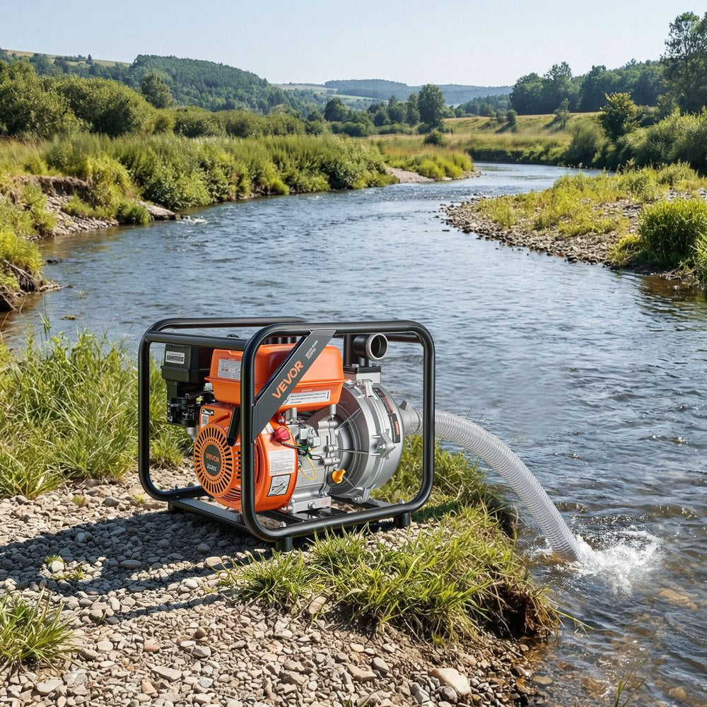 VEVOR Gas Powered Water Pump, 2 in, 128 GPM 6HP Semi Trash Water Transfer Pump Portable, Gasoline Engine with 25 ft Discharge Hose, Heavy Duty Frame, Cast Iron Impeller, for Irrigation, Ponds, Pools