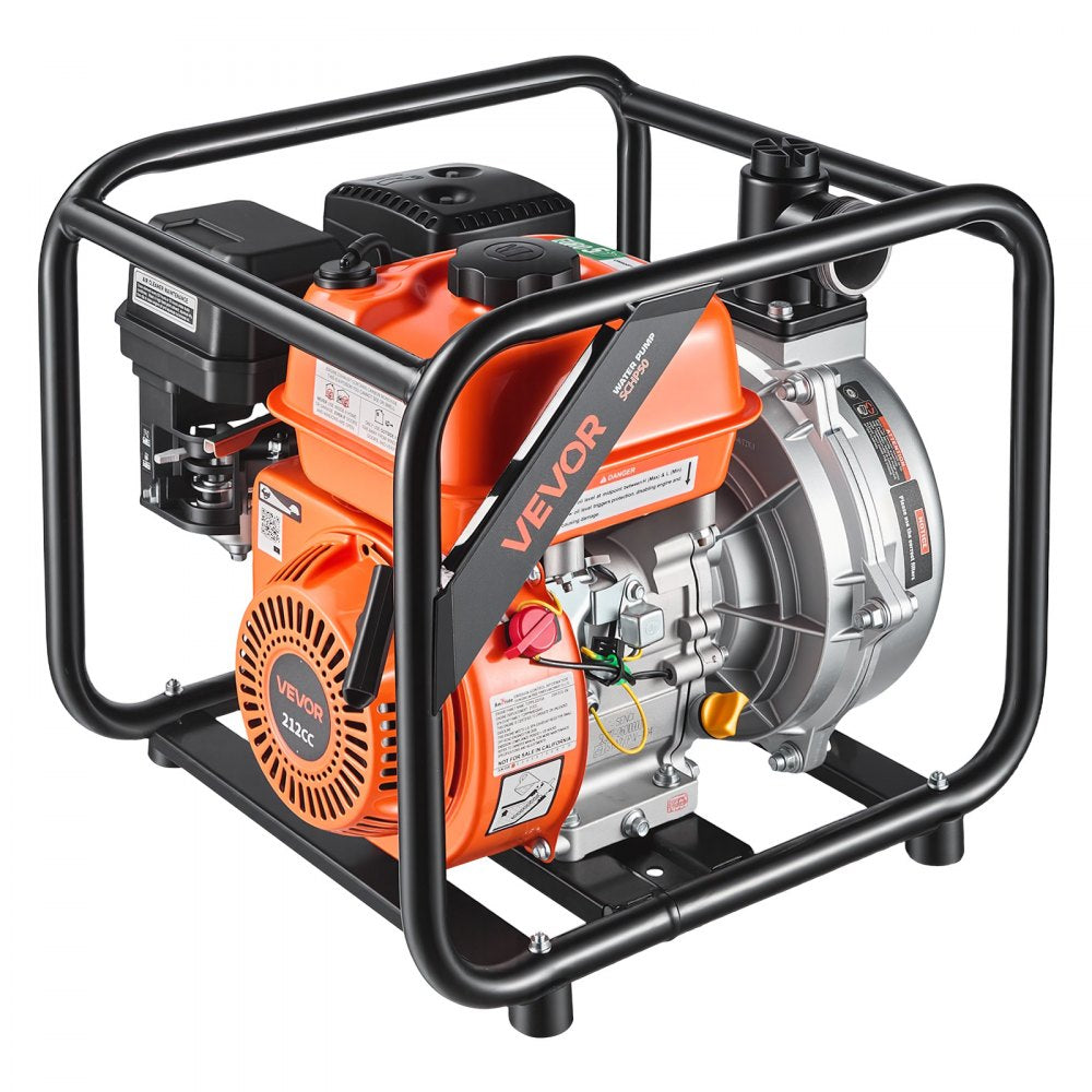 VEVOR Gas Powered Water Pump, 2 in, 128 GPM 6HP Semi Trash Water Transfer Pump Portable, Gasoline Engine with 25 ft Discharge Hose, Heavy Duty Frame, Cast Iron Impeller, for Irrigation, Ponds, Pools