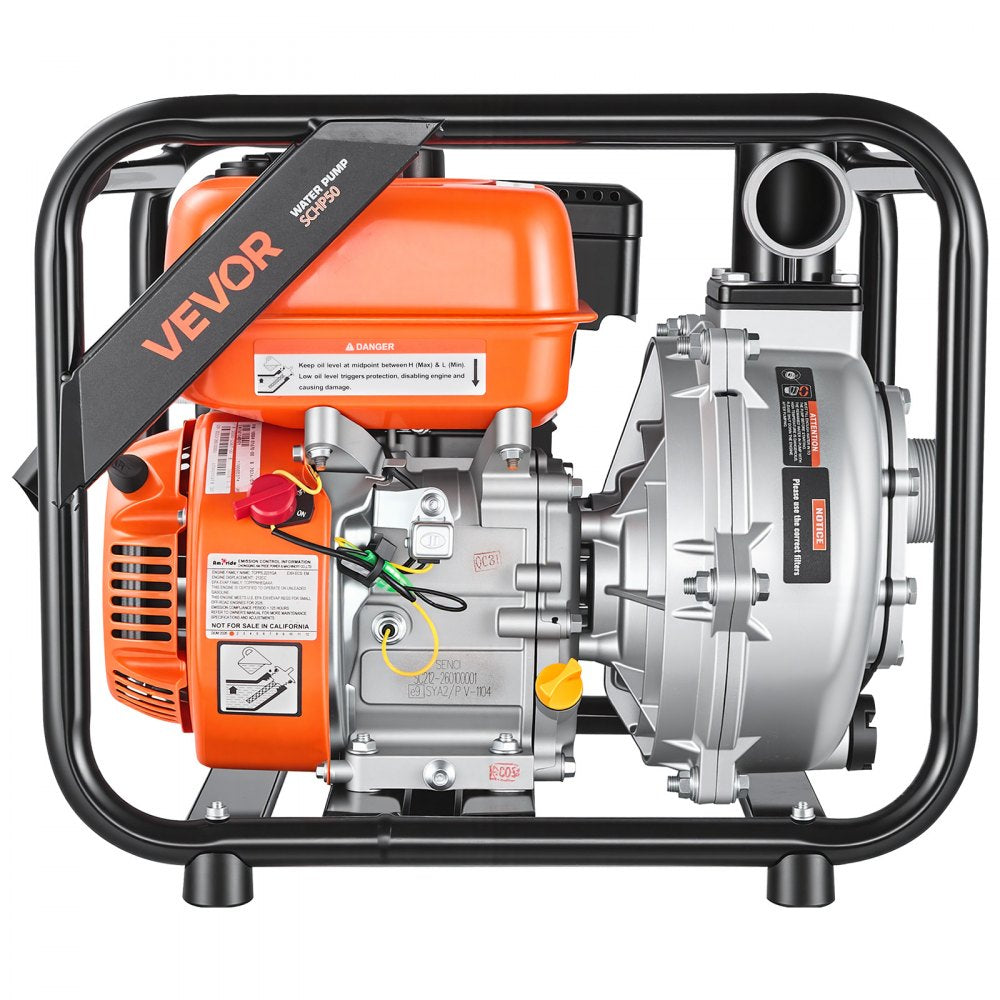 VEVOR Gas Powered Water Pump, 2 in, 128 GPM 6HP Semi Trash Water Transfer Pump Portable, Gasoline Engine with 25 ft Discharge Hose, Heavy Duty Frame, Cast Iron Impeller, for Irrigation, Ponds, Pools