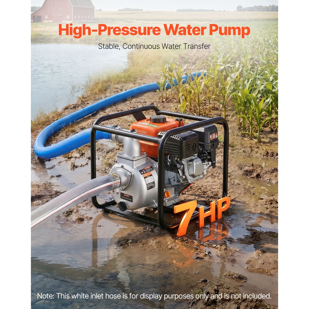 VEVOR Gas Powered Water Pump, 2 in, 142 GPM 7HP Semi Trash Water Transfer Pump Portable, Gasoline Engine with 25 ft Discharge Hose, Heavy Duty Frame, Cast Iron Impeller, for Irrigation, Ponds, Pools