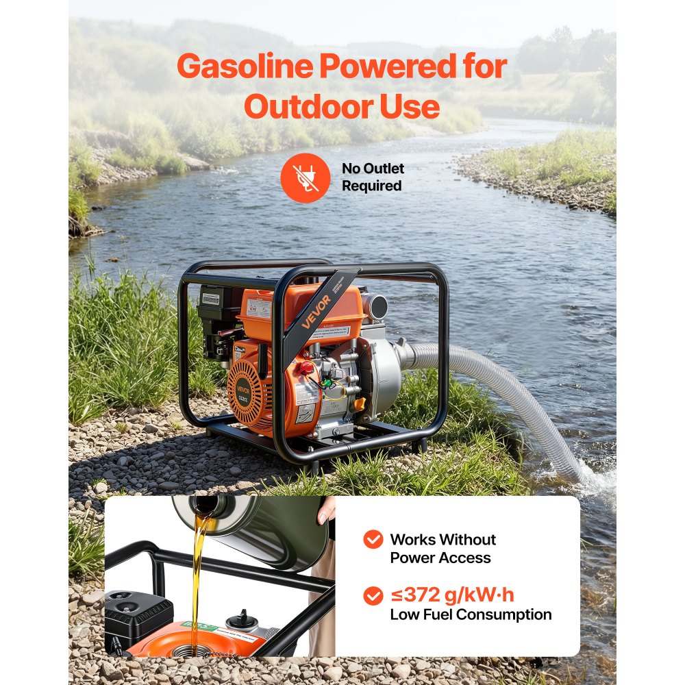 VEVOR Gas Powered Water Pump, 2 in, 142 GPM 7HP Semi Trash Water Transfer Pump Portable, Gasoline Engine with 25 ft Discharge Hose, Heavy Duty Frame, Cast Iron Impeller, for Irrigation, Ponds, Pools