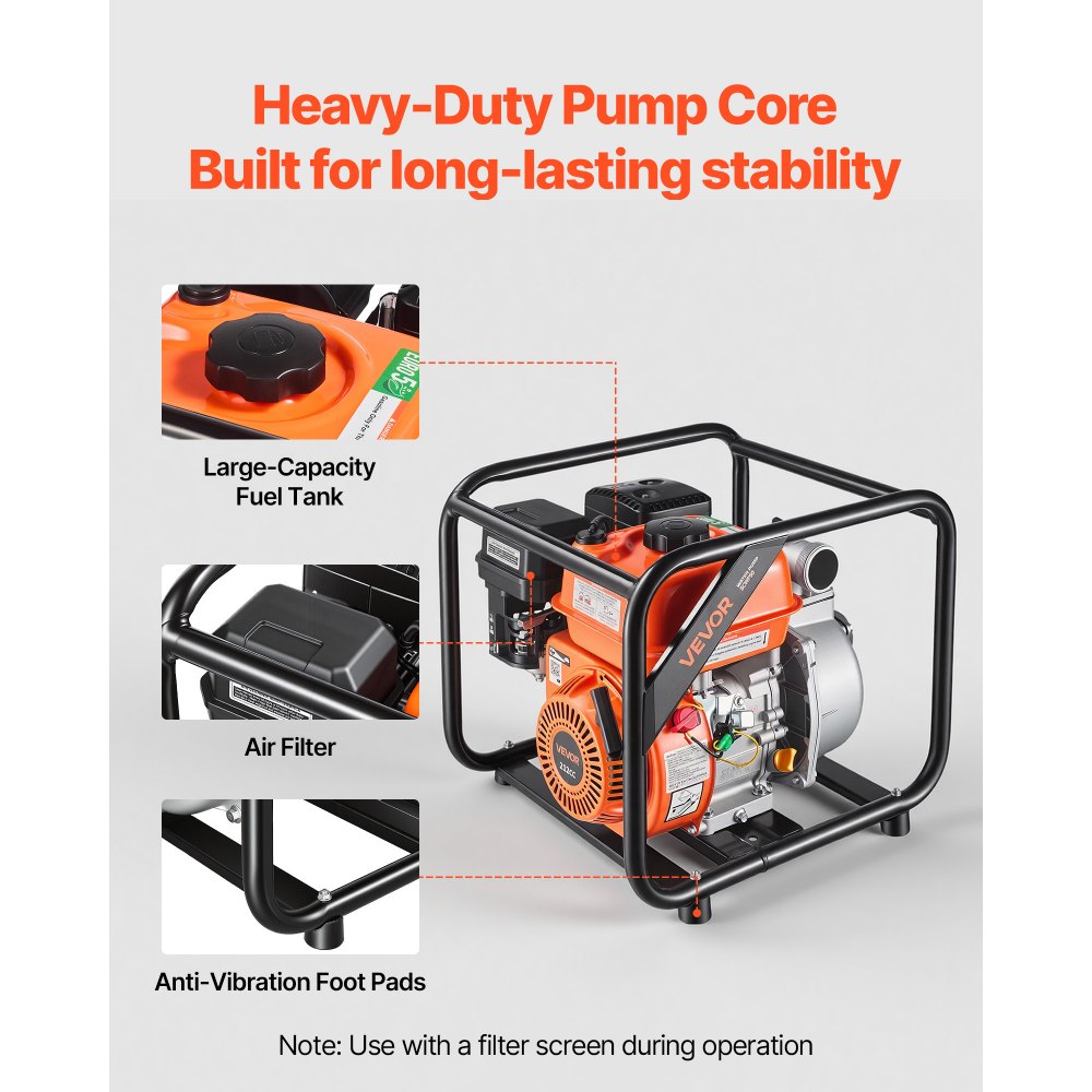 VEVOR Gas Powered Water Pump, 2 in, 142 GPM 7HP Semi Trash Water Transfer Pump Portable, Gasoline Engine with 25 ft Discharge Hose, Heavy Duty Frame, Cast Iron Impeller, for Irrigation, Ponds, Pools