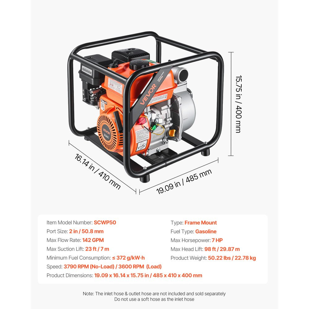VEVOR Gas Powered Water Pump, 2 in, 142 GPM 7HP Semi Trash Water Transfer Pump Portable, Gasoline Engine with 25 ft Discharge Hose, Heavy Duty Frame, Cast Iron Impeller, for Irrigation, Ponds, Pools