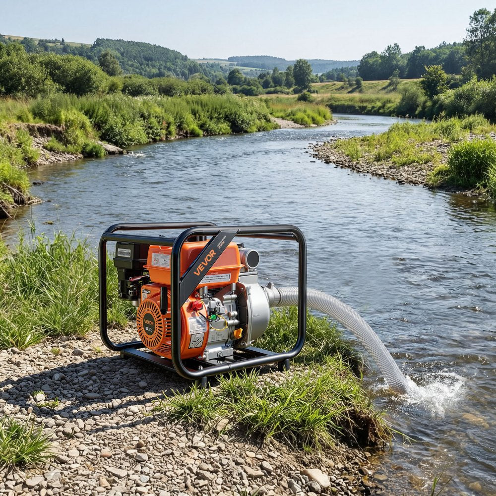 VEVOR Gas Powered Water Pump, 2 in, 142 GPM 7HP Semi Trash Water Transfer Pump Portable, Gasoline Engine with 25 ft Discharge Hose, Heavy Duty Frame, Cast Iron Impeller, for Irrigation, Ponds, Pools