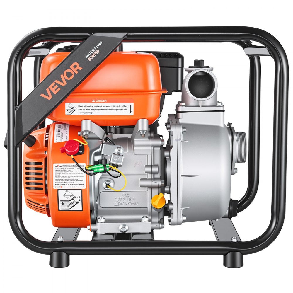 VEVOR Gas Powered Water Pump, 2 in, 142 GPM 7HP Semi Trash Water Transfer Pump Portable, Gasoline Engine with 25 ft Discharge Hose, Heavy Duty Frame, Cast Iron Impeller, for Irrigation, Ponds, Pools