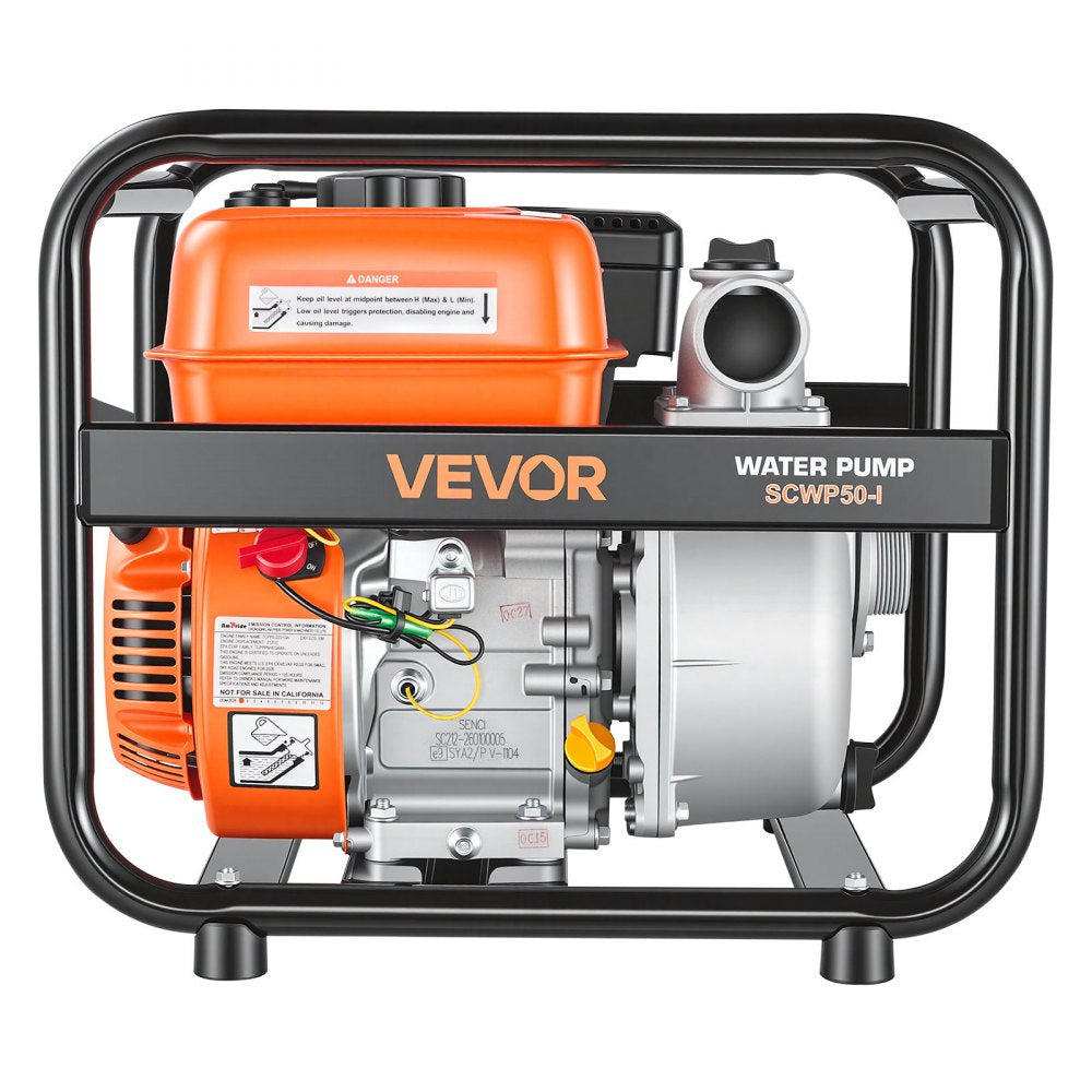 VEVOR Gas Powered Water Pump, 2 in, 132 GPM 6.5HP Semi Trash Water Transfer Pump Portable, Gasoline Engine with 25 ft Discharge Hose, Heavy Duty Frame, Cast Iron Impeller, for Irrigation, Ponds, Pools
