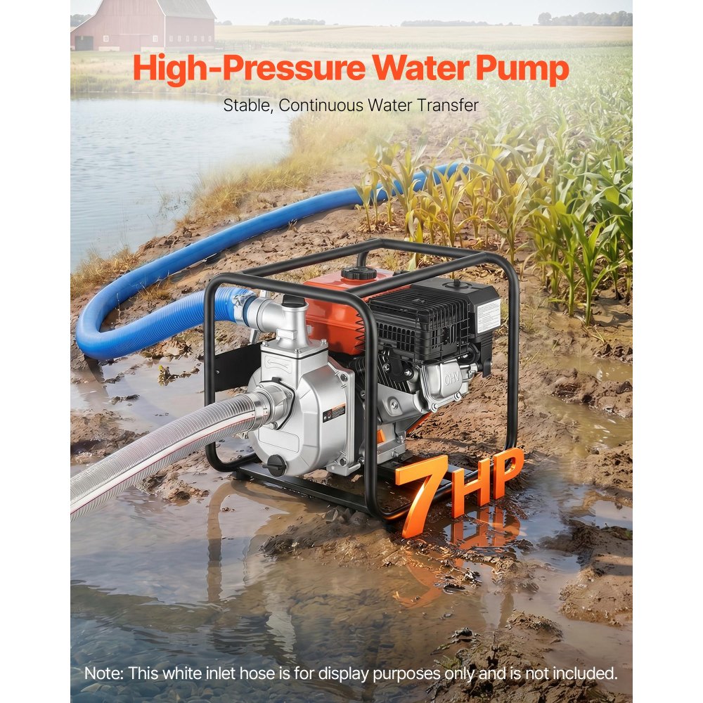 VEVOR Gas Powered Water Pump, 2 in, 158 GPM 7HP Semi Trash Water Transfer Pump Portable, Gasoline Engine with 25 ft Discharge Hose, Heavy Duty Frame, Cast Iron Impeller, for Irrigation, Ponds, Pools