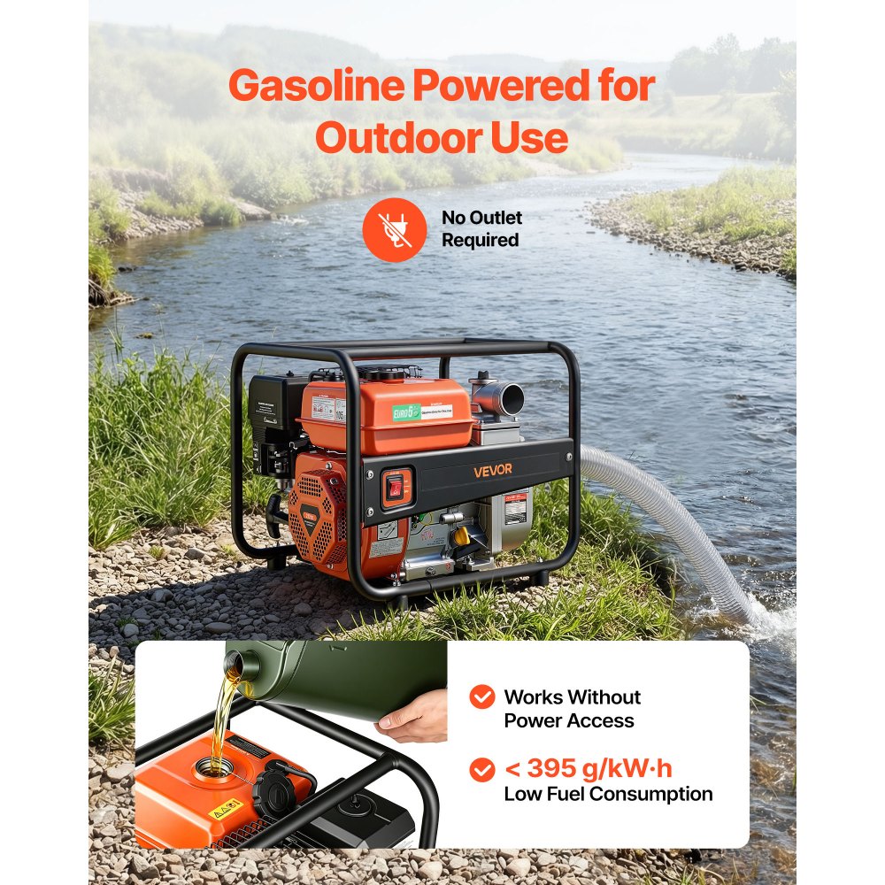 VEVOR Gas Powered Water Pump, 2 in, 158 GPM 7HP Semi Trash Water Transfer Pump Portable, Gasoline Engine with 25 ft Discharge Hose, Heavy Duty Frame, Cast Iron Impeller, for Irrigation, Ponds, Pools