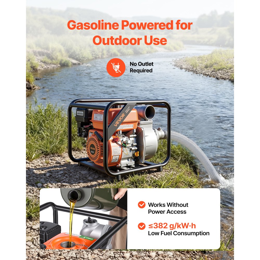 VEVOR Gas Powered Water Pump, 3 in, 242 GPM 7HP Semi Trash Water Transfer Pump Portable, Gasoline Engine with 25 ft Discharge Hose, Heavy Duty Frame, Cast Iron Impeller, for Irrigation, Ponds, Pools