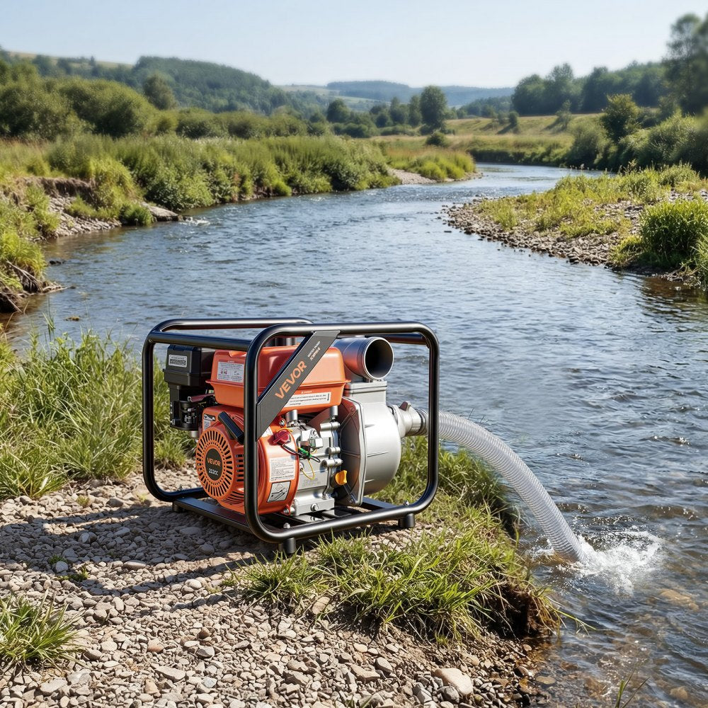 VEVOR Gas Powered Water Pump, 3 in, 264 GPM 7HP Semi Trash Water Transfer Pump Portable, Gasoline Engine with 25 ft Discharge Hose, Heavy Duty Frame, Cast Iron Impeller, for Irrigation, Ponds, Pools