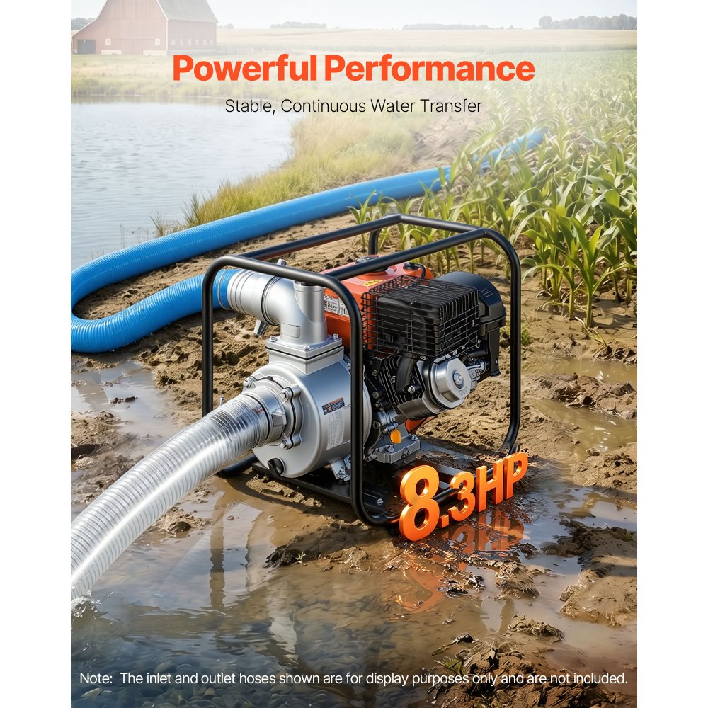 VEVOR Gas Powered Water Pump, 4 in, 422 GPM 8.3HP Semi Trash Water Transfer Pump Portable, Gasoline Engine with 25 ft Discharge Hose, Heavy Duty Frame, Cast Iron Impeller, for Irrigation, Ponds, Pools