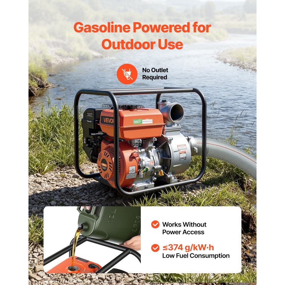 VEVOR Gas Powered Water Pump, 4 in, 422 GPM 8.3HP Semi Trash Water Transfer Pump Portable, Gasoline Engine with 25 ft Discharge Hose, Heavy Duty Frame, Cast Iron Impeller, for Irrigation, Ponds, Pools